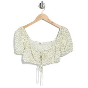 ELODIE Cropped Puff Sleeve Tie-Front Top Sage White Size XL